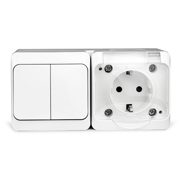 Блок открытой установки Tokov Electric Nix розетка 2П+3 с двухклавишным выключателем IP54 белый