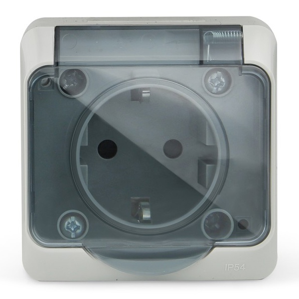 Розетка открытой установки Tokov Electric Nix 2П+3 16А с прозрачной крышкой IP54 серый