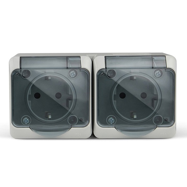 Розетка двойная открытой установки Tokov Electric Nix 2х2П+3 16А с прозрачной крышкой IP54 серый