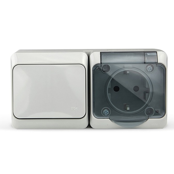 Блок открытой установки Tokov Electric Nix розетка 2П+3 с одноклавишным выключателем IP54 серый