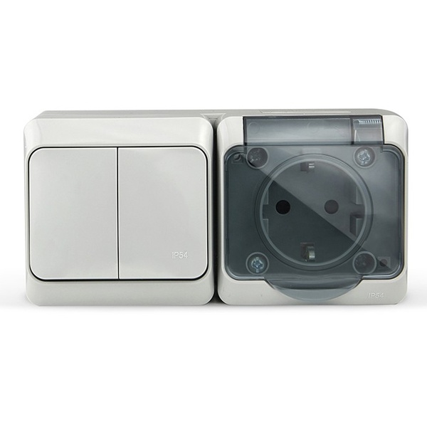 Блок открытой установки Tokov Electric Nix розетка 2П+3 с двухклавишным выключателем IP54 серый