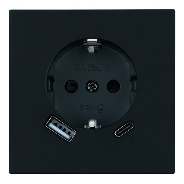 Розетка с заземлением со шторками Stekker Мия RST16-3119-05 16A USB тип A и C, черный бархат