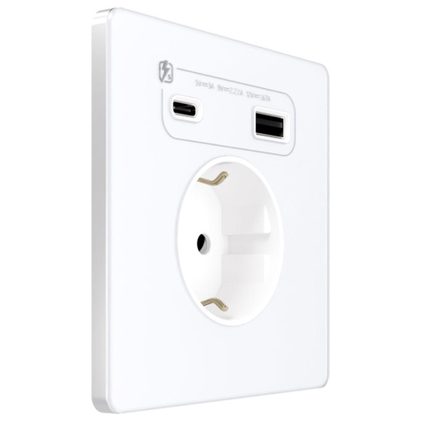 Зарядка USB с розеткой 2P+E со шторками SE Infinity 16A тип-А и тип-C 20Вт, арктический лед
