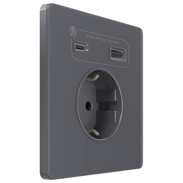 Зарядка USB с розеткой 2P+E со шторками SE Infinity 16A тип-А и тип-C 20Вт, вулканический пепел