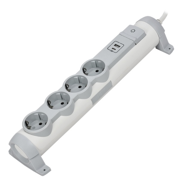 Удлинитель ИЭК Comfort У04К 4 мест 4х2P+PE заземление шторки 16А USB A+C 20Вт 3м 3х1,5мм2 белый