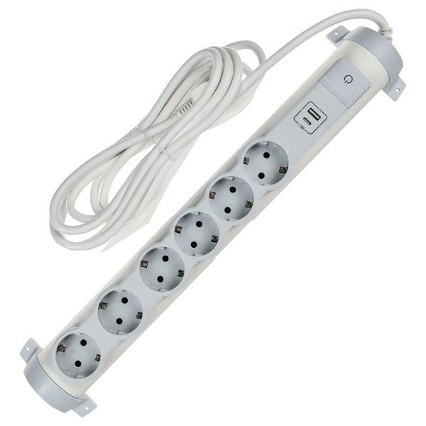 Удлинитель ИЭК Comfort У06К 6 мест 6х2P+PE заземление шторки 16А USB A+C 20Вт 1,5м 3х1,5мм2 белый