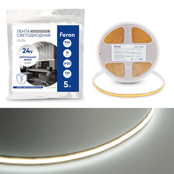 Светодиодная COB лента Feron LS536 720SMD(2110) 10W/м 4000К 24V freecut IP20 5000x8x1.8mm