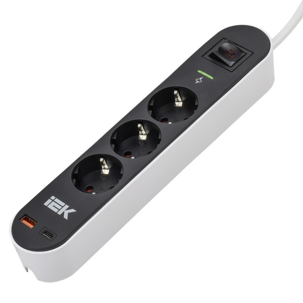 Сетевой фильтр ИЭК СФ-03К 3х2P+PE16А USB A+C 20Вт выключатель с индикатором 3м 3х1,5мм2 черный