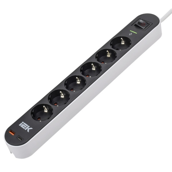 Сетевой фильтр ИЭК СФ-06К 6х2P+PE16А USB A+C 20Вт выключатель с индикатором 1,5м 3х1,5мм2 черный
