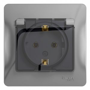 Розетка с заземлением со шторками с крышкой SE Glossa 16А IP20 в сборе, алюминий
