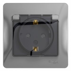 Розетка с заземлением со шторками с крышкой SE Glossa 16А IP44 в сборе, алюминий