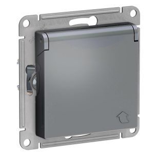 Розетка с заземл со шторк с крышкой SE AtlasDesign 16А IP20, грифель [уп 10 шт]