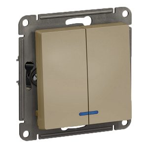 Двухклавишный выключатель с подсветкой SE AtlasDesign 10A, шампань [уп 10 шт]