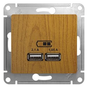 Зарядка USB SE Glossa 5В/2100мА, 2х5В/1050мА механизм, дерево дуб