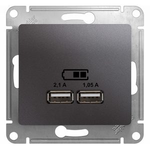 Зарядка USB SE Glossa Розетка 5В/2100мА, 2х5В/1050мА механизм, графит