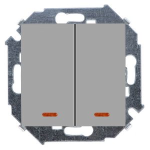 Выключатель двухклавишный с подсветкой Simon 15 16А 250В винтовой зажим, алюминий