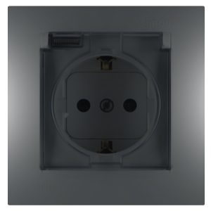 Розетка Simon 15 2П+З с рамкой, шторками и крышкой IP44 16А винтовой зажим, графит