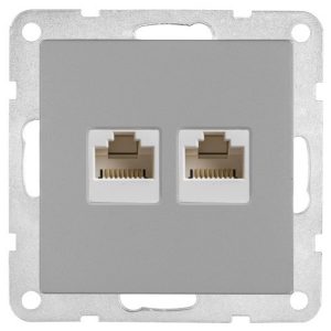 Розетка двойная компьютерная 2хRJ-45 кат.5е с накладкой Экопласт LK80, серебристый металлик