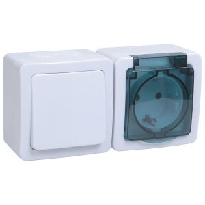 Выключатель 1-клавишный+розетка 2П+3 ИЭК Гермес Plus БГб-22-31-ГПБд IP54 белый