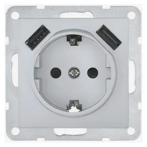 Розетка с заземляющим контактом Экопласт + 2хUSB разъем, 2А LK60, серебристый металлик