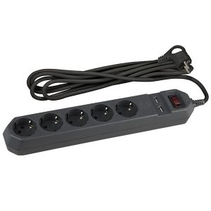 Сетевой фильтр ЭРА 5 розеток+2USB, кабель 1,5 метра, черный USF-5es-1.5m-USB-B