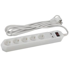 Сетевой фильтр ЭРА 5 розеток+2USB, кабель 1,5 метра, белый USF-5es-1.5m-USB-W