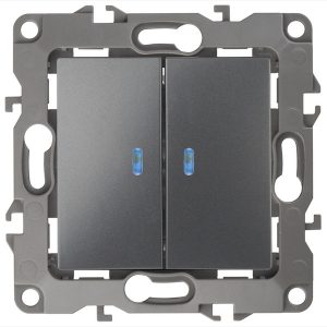 Выключатель двойной с подсветкой ЭРА 10АХ-250В IP20 12, графит 12-1105-12