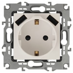 Розетка ЭРА 2P+E 16A 250В со шторками и зарядкой 2xUSB 5В 3А12, слоновая кость 12-4109-02 (бежевый)