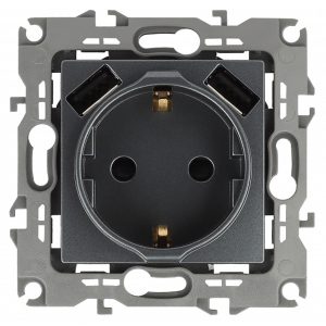 Розетка ЭРА 2P+E 16A 250В со шторками и зарядкой 2xUSB 5В 3А12, графит 12-4109-12