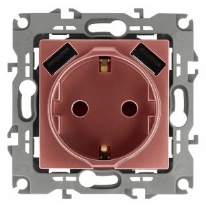 Розетка ЭРА 2P+E 16A 250В со шторками и зарядкой 2xUSB 5В 3А12, медь 12-4109-14