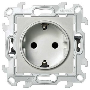 Розетка Simon 24 Harmonie 2К+З с защитными шторками Push&Go, алюминий