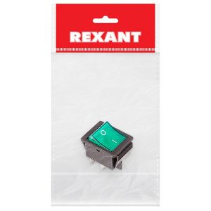 Выключатель клавишный Rexant 250V 16А (4с) ON-OFF зеленый с подсветкой (1шт. в пакете)