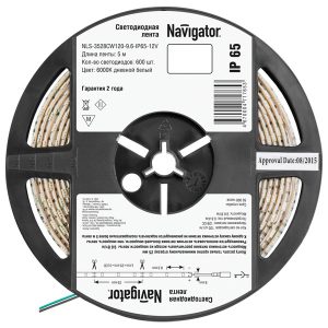 Светодиодная лента Navigator 71 765 NLS-3528СW120-9.6-IP65-12V R5 9,6W 6000K (бухта 5m)