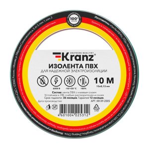 Изолента ПВХ Kranz 15мм х 10м толщина 0,13 зеленая [уп.10шт]