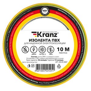 Изолента ПВХ Kranz 15мм х 10м толщина 0,13 желто-зеленая [уп.10шт]