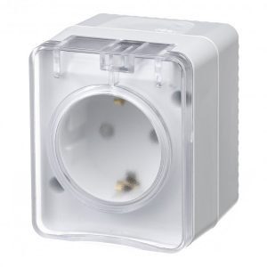 Розетка SE AtlasDesign 2П+3 со шторками открытой установки Profi54 16А 250В IP54 белый