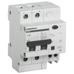 Дифференциальный автомат Generica (ИЭК) АД12 2П C25А 100мА тип АС однофазный электронный 4,5кА (дифавтомат, АВДТ)