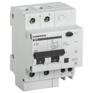 Дифференциальный автомат Generica (ИЭК) АД12 2П C32А 100мА тип АС однофазный электронный 4,5кА (дифавтомат, АВДТ)