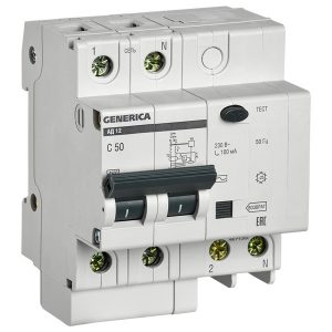 Дифференциальный автомат Generica (ИЭК) АД12 2П C50А 100мА тип АС однофазный электронный 4,5кА (дифавтомат, АВДТ)
