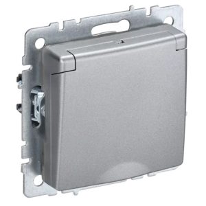 Розетка ИЭК BRITE 2P+E Schuko со шторками с крышкой 16А IP44 алюминий (РСбш10-3-44-БрА)