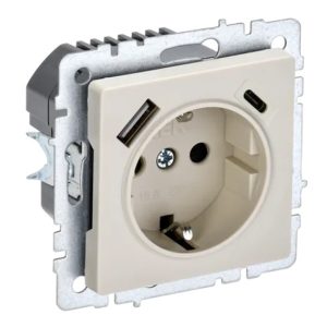 Зарядка ИЭК BRITE розетка 2Р+Е со шторками 16А с USB A+С 3,1А бежевый (РЮш11-1-БрКр)