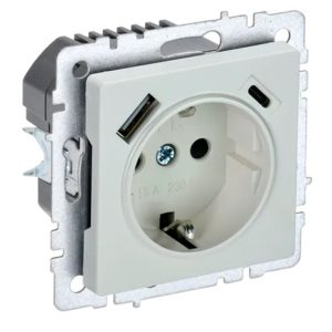 Зарядка ИЭК BRITE розетка 2Р+Е со шторками 16А с USB A+С 3,1А жемчуг (РЮш11-1-БрЖ)