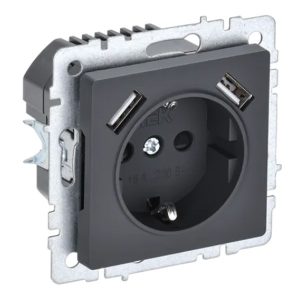 Зарядка ИЭК BRITE розетка 2Р+Е со шторками 16А с USB A+A 3,1А графит (РЮш10-2-БрГ)