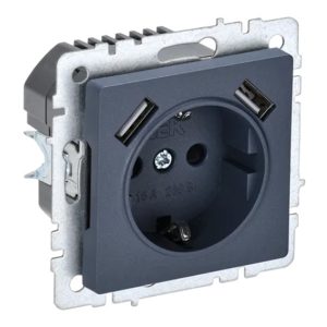 Зарядка ИЭК BRITE розетка 2Р+Е со шторками 16А с USB A+A 3,1А маренго ( РЮш10-2-БрМ)