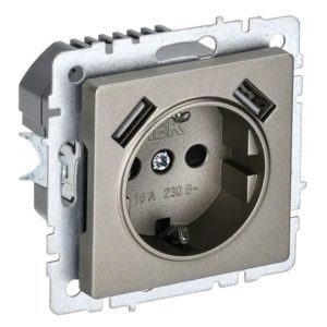 Зарядка ИЭК BRITE розетка 2Р+Е со шторками 16А с USB A+A 2,1А шампань (РЮш10-1-БрШ)