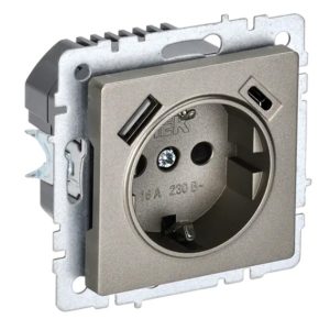 Зарядка ИЭК BRITE розетка 2Р+Е со шторками 16А с USB A+С 3,1А шампань (РЮш11-1-БрШ)