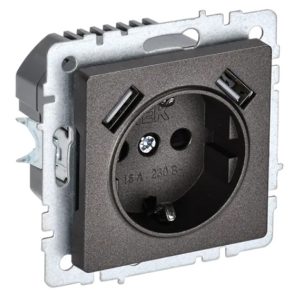 Зарядка ИЭК BRITE розетка 2Р+Е со шторками 16А с USB A+A 2,1А бронза (РЮш10-1-БрТБ)