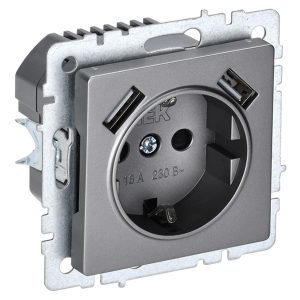Зарядка ИЭК BRITE розетка 2Р+Е со шторками 16А с USB A+A 3,1А сталь (РЮш10-2-БрС)