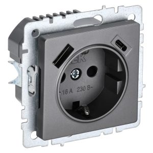 Зарядка ИЭК BRITE розетка 2Р+Е со шторками 16А с USB A+С 3,1А сталь (РЮш11-1-БрС)