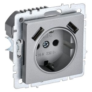 Зарядка ИЭК BRITE розетка 2Р+Е со шторками 16А с USB A+A 3,1А алюминий (РЮш10-2-БрА)